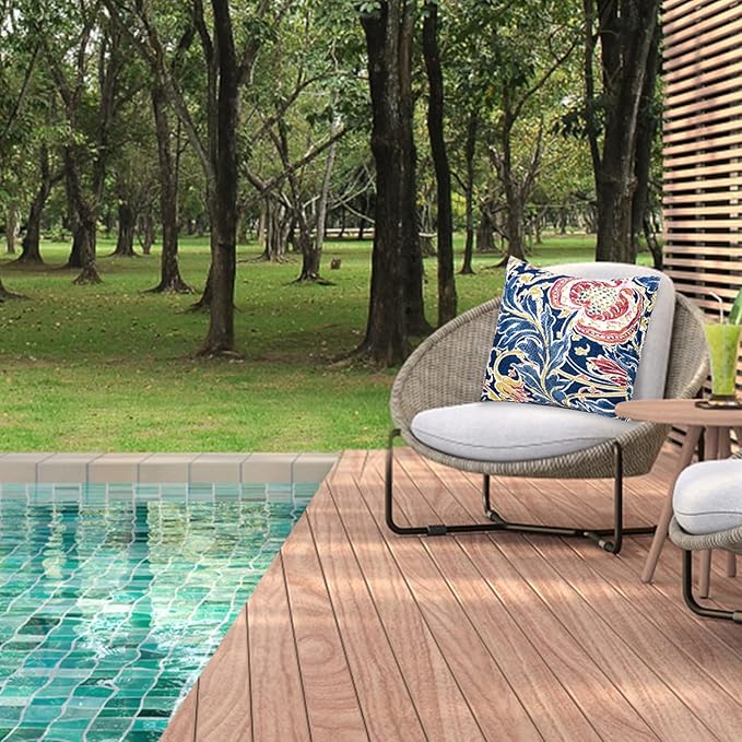 JMGBird Water-Resistant Outdoor Pillows Set of 2, 18x18 inch Durable Blue with Pomegranate Flower Pattern Throw Pillows with Inserts for Patio Furniture