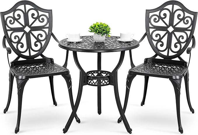 NUU GARDEN 3-Piece Outdoor Bistro Set, Round 24 Inch Cast Aluminum Bistro Table with 2.17" Umbrella Hole and 2 Cast Aluminum Bistro Chairs, for Patio, Garden, Backyard and Balcony, Black