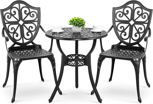 NUU GARDEN 3-Piece Outdoor Bistro Set, Round 24 Inch Cast Aluminum Bistro Table with 2.17" Umbrella Hole and 2 Cast Aluminum Bistro Chairs, for Patio, Garden, Backyard and Balcony, Black
