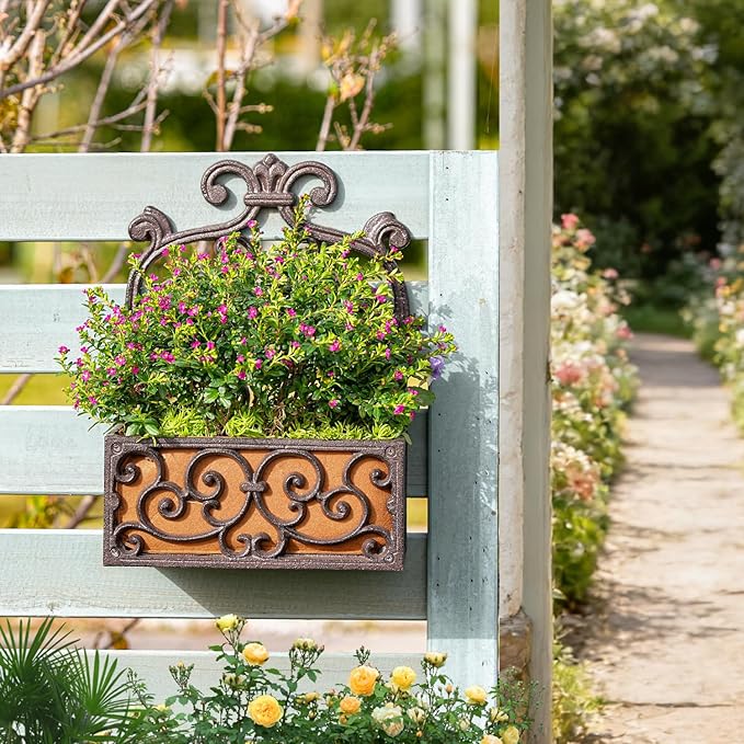 Sungmor Vintage Cast Iron Wall-Mounted Planter Basket with Fabric Liner,Rustic Scrollwork Hanging Flower Holder,Decorative Wall Shelf for Plants,Outdoor Hanging Basket Flower Pot