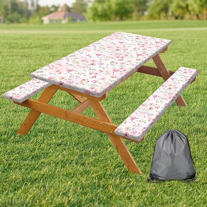 3PCS Picnic Table Cover with Bench Cover Cute Pink Floral Print Camping Tablecloth Fitted Picnic Picnic Table Cover with Elastic Windproof Waterproof, Outdoor & Garden Camping Accessories 96IN