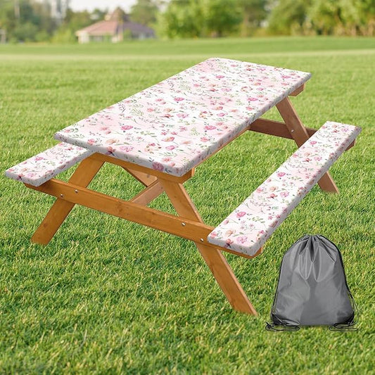 3PCS Picnic Table Cover with Bench Cover Cute Pink Floral Print Camping Tablecloth Fitted Picnic Picnic Table Cover with Elastic Windproof Waterproof, Outdoor & Garden Camping Accessories 60IN