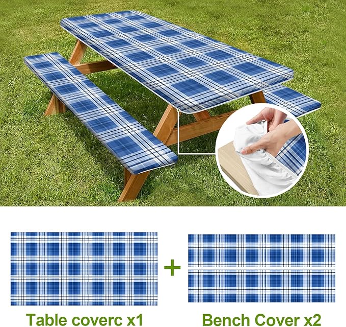 Picnic Table Cover with Bench Covers Set of 3 - Traditional Checkered Dark Blue Plaid Tablecloth, Elastic Fitted for 6 Ft Tables, Washable Polyester Cover for Camping, Indoor & Outdoor
