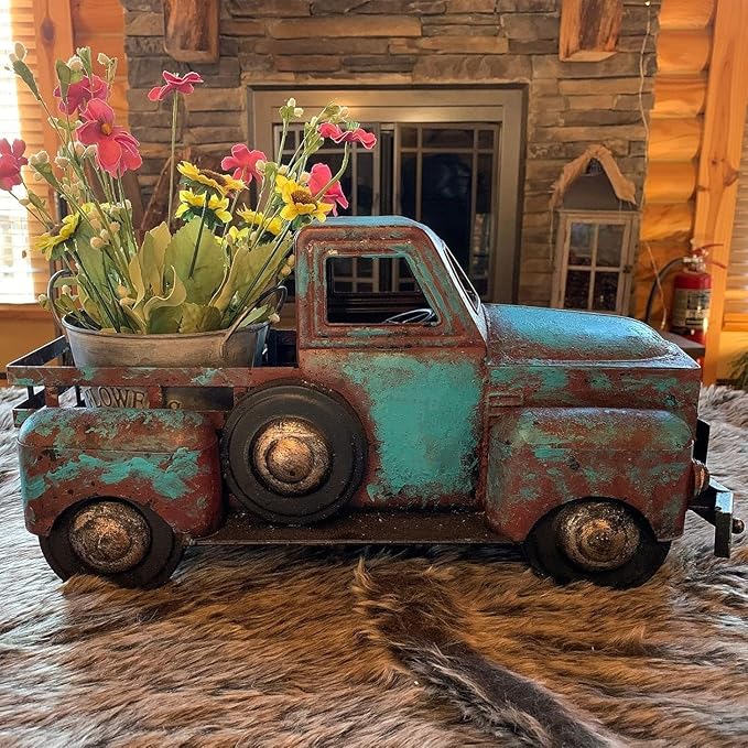 Firlar Retro Style Pickup Truck Flower Pot, Blue Vintage Truck Decor Farmhouse Metal Truck Planter Pickup Car Mini Plant Flower Pot Succulent Planters Vase Lawn & Garden Tabletop Decor