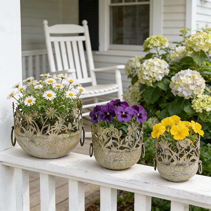 3-Piece Vintage Metal Floral Cutout Planter Set, Rustic Garden Flower Pots for Indoor Outdoor Decor, Distressed Bronze Planters with Handles