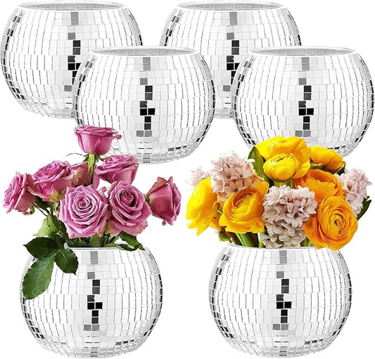6 Pcs Silver Mirror Disco Vase - 3" X 4" Disco Ball Vase for Centerpieces, Glass Planter Candle Holder for Wedding, Birthday, Party, Office, Bedroom
