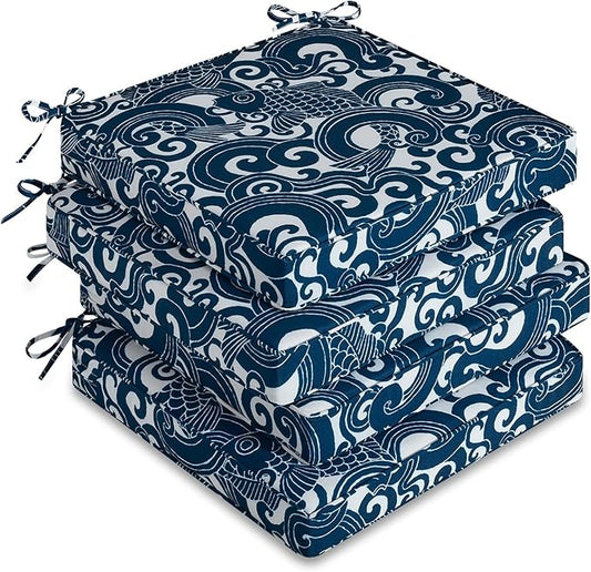 downluxe Outdoor Chair Cushions Set of 4, Waterproof 19" x 19" x 3" Patio Chair Cushion with Non-Slip Ties & Handle, Square Outdoor Cushion for Patio Furniture with Removable Cover, Blue Carp