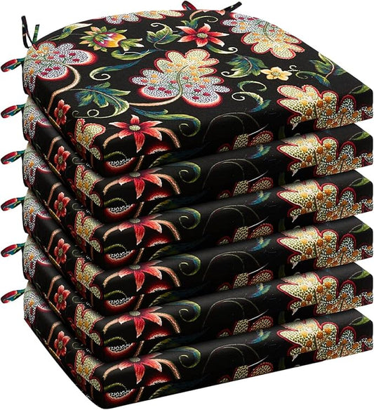 Wellsin Outdoor Chair Cushions for Patio Furniture - Patio Chair Cushions Set of 6 - Water Resistant Round Corner Outdoor Seat Cushions 17"X16"X2", Flower Black