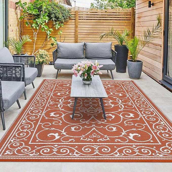 MilleLoomi Outdoor Rug 8x10 Waterproof Patio Rugs Vintage Reversible Mat for Front Door Rv Foldable Plastic Straw Carpet for Travel Trailers, Deck, Picnic, Porch, Camper, Balcony, Beach，Orange