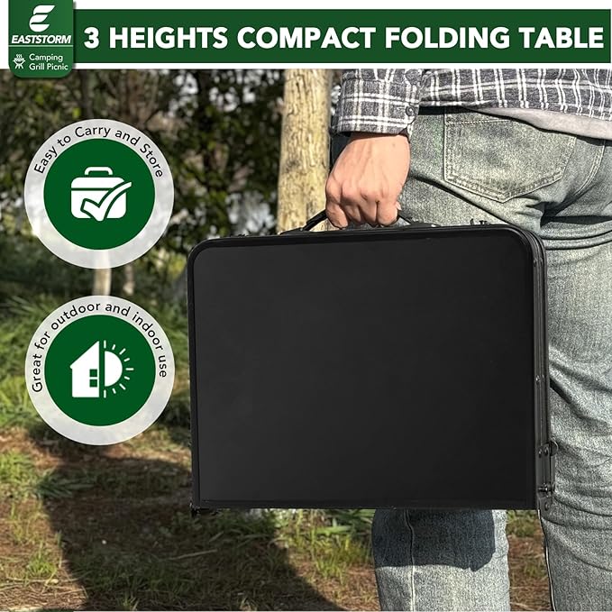 Small Metal Folding Table 3 Adjustable Heights, 23.6''×15.7''×27'' Heavy-Duty Portable Picnic Table for Outdoor Camping, Garden, Patio, Grill, BBQ, Party, 2Ft (Small, Black)