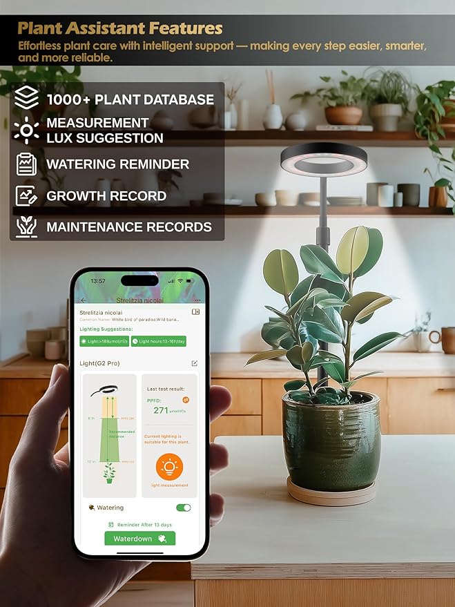 Smart Grow Lights for Indoor Plants, Plant Light with Auto-Timer, Full Spectrum LED Grow Light, Adjustable Height & Stepless Dimming,Plant Assistant Suitable for Most Plants (Black, 12W)