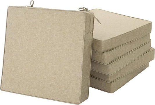 Outdoor Chair Cushions, Water-Resistant & Fade-Resistant, Patio Furniture Square Seat Replacement Chair Pads with Ties, Removable Cover, Non-Slip Bottom, Set of 6, 24 x 24 Inch, Natural
