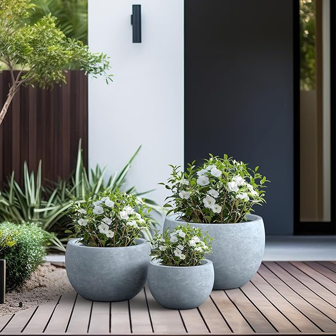 Kante 19.9",15.7",11.8" Dia Round Concrete Planter Set of 3, Outdoor/Indoor Large Bowl Plant Pots with Drainage Hole and Rubber Plug for Garden Patio Balcony Home, Slate Gray