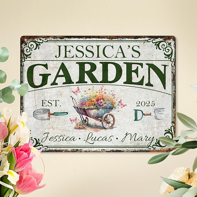 Custom Garden Signs Personalized Metal Tin Sign for Women, Retro Funny Welcome Metal Sign for Outdoor, Patio, Yard Rustic Home Decor Gifts for Mothers Day, Grandmas, and Gardening Lovers