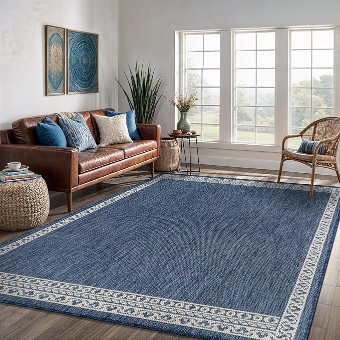 Washable Outdoor Rug 8x10 Modern Area Rugs Outdoor Carpets Bordered Pattern Non Shedding Waterproof Easy Clean Patio Deck Porch Living Room Bedroom Garden RV (8 X 10 Blue)