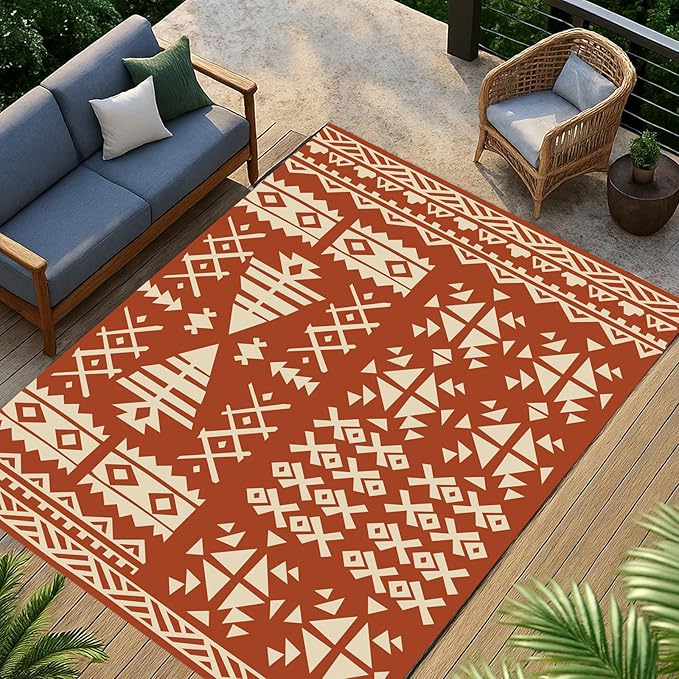 WILDROOTS 8x10 Feet Plastic Exotic Red Outdoor Rug, Stain Resistant Waterproof Reversible Outdoor Patio Rug, Fade Resistant Camping Rug