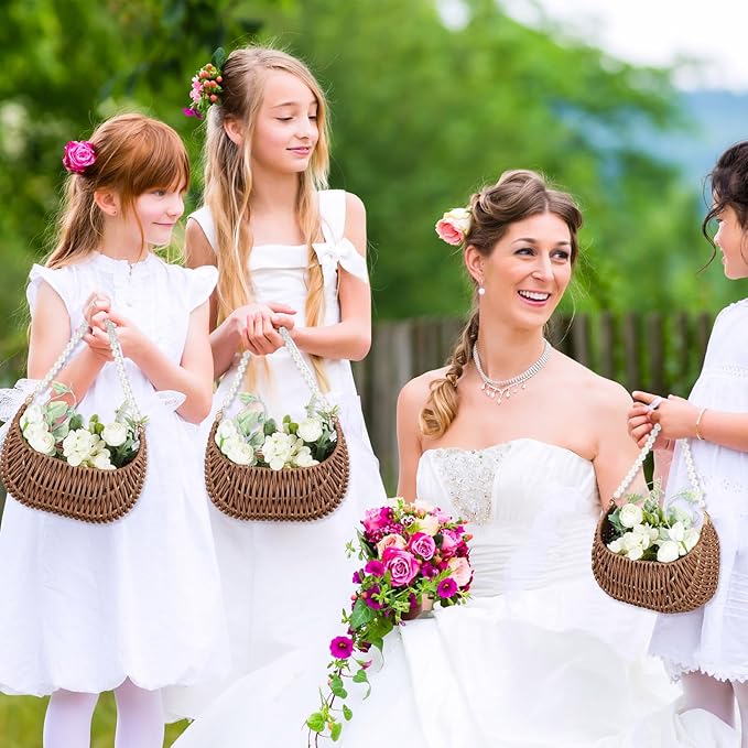 Taiyin 2 Pcs Rattan Flower Girl Basket with Pearl Handle Small Half Moon Wicker Basket for Wedding Flower Girl Picnic Garden Storage and Home Decor (Dark Brown)