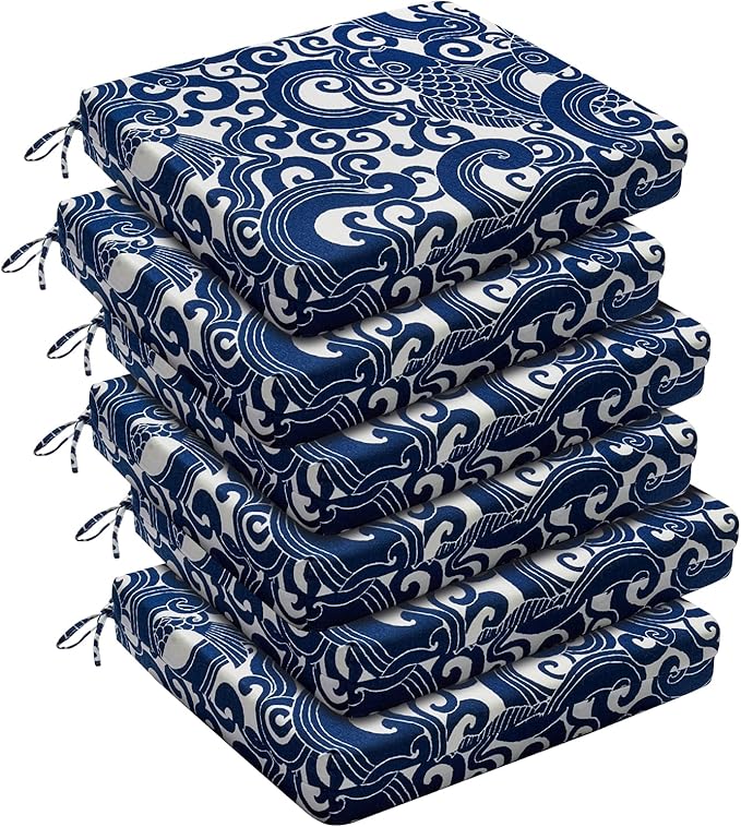 downluxe Outdoor Chair Cushions Set of 6 for Patio Furniture, Water-Resistant Square Corner Patio Chair Cushions with Ties, High Density Foam Outdoor Seat Cushion, 18.5" X 16" X 3", Blue Carp