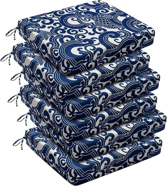 downluxe Outdoor Chair Cushions Set of 6 for Patio Furniture, Water-Resistant Square Corner Patio Chair Cushions with Ties, High Density Foam Outdoor Seat Cushion, 18.5" X 16" X 3", Blue Carp