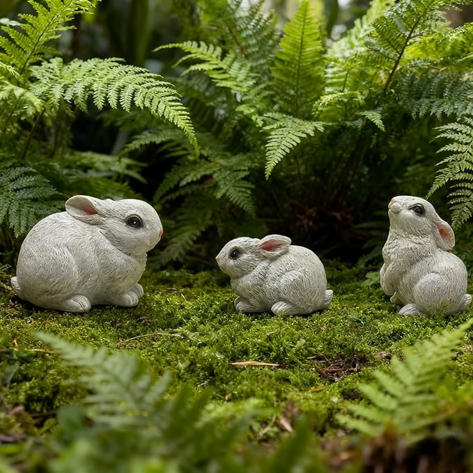 3PCS Bunny Statues Garden Decorations Set, Outdoor Small Light Weight Baby Rabbit Garden Statues for Outside Patio, Porch, or Flower Pots
