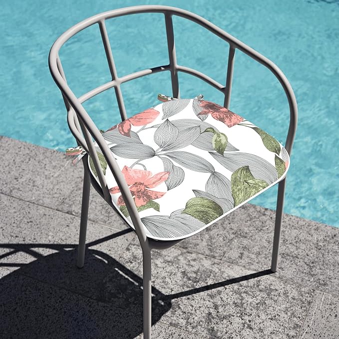 Outdoor Chair Cushions Set of 2, Water Resistant Patio Chair Pads with Ties, Seat Cushions for Home Garden Furniture Decoration, 16"x17", Clemens Noir Pink