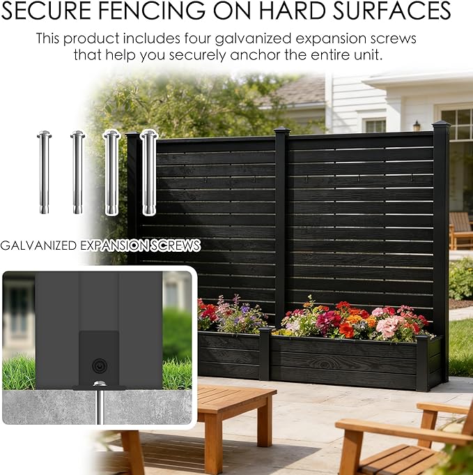 Kozyard 2Pack Privacy Screen with Planter, 70" H x 51" W Outdoor Garden Screen, Waterproof Aluminum Frame with Thick Wood-Plastic Boards, Decorative Privacy Screen for Patio, Balcony & Backyard Gray