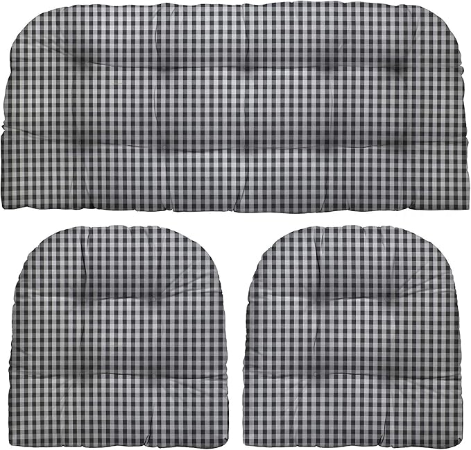 RSH DECOR: 3-Piece Wicker Tufted Cushion Set | for Large Wicker Sets | Outdoor Loveseat & U-Shaped Seat Cushions | Water & Fade-Resistant Spun Fabric | Dawon Pewter Grey