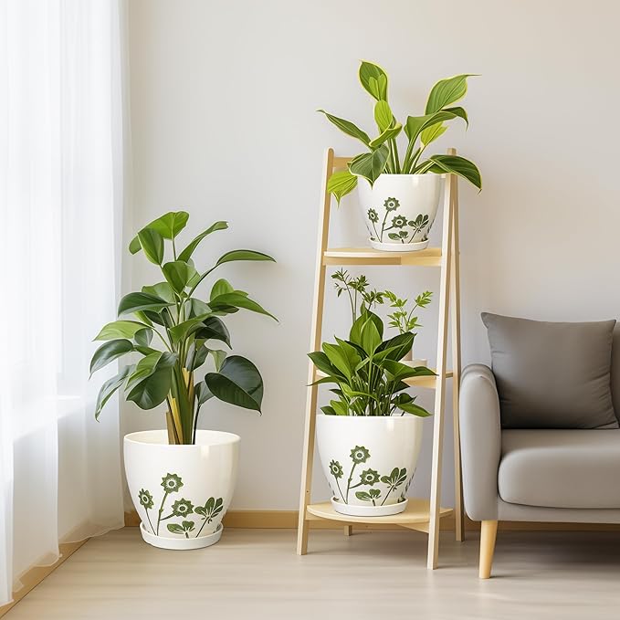 Ceramic Planters - 10+8+6 Inch Plant Pots with Drainage Holes and Saucers, Boho Decorative Round Flower Pots for Indoor Outdoor Plants, Housewarming Gifts, Office Decor, Set of 3, White