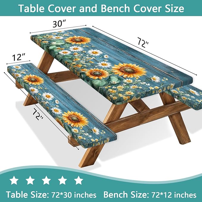 Picnic Table Cover with Bench Covers, Waterproof Elastic Fitted Tablecloths for 6 Foot Rectangle Tables, Outdoor Washable Sunflower Wooden Tablecloth for Camping 30X72in