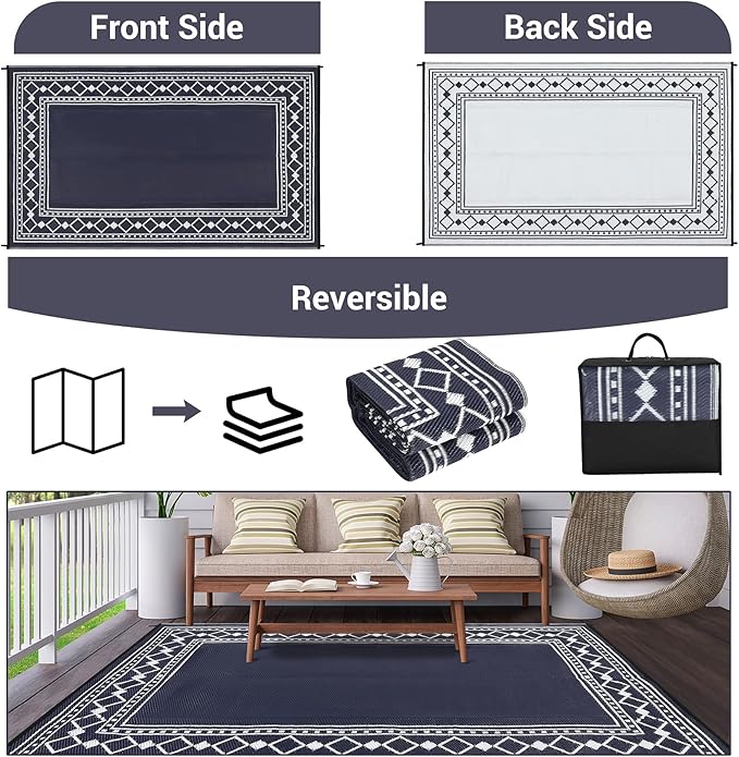 Garvee Outdoor Rug 9x12 Waterproof for Patio, Large Plastic Straw Mat for Camping, Porch, RV, Reversible Rugs for Deck Entryance Picnic Balcony Beach,Black/Blue