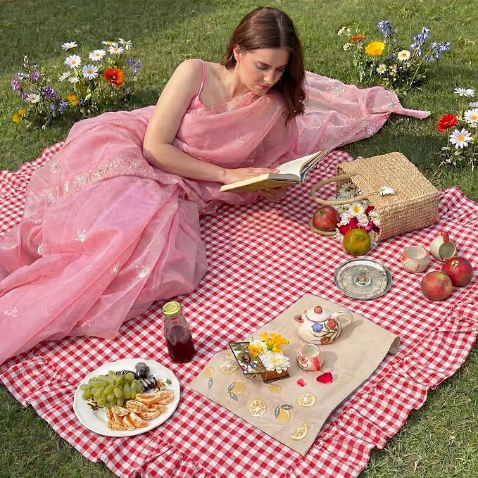 2-in-1 Extra Large Waterproof Picnic Blanket, 71x90in Dual Layers Portable Red Gingham Ruffled Mat Giant Beach Towel Yoga Leather Accessories Outdoor Camping Hiking Music Festival Pad