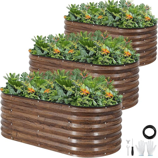 Galvanized Raised Garden Bed Outdoor |17'' Tall Planter Box Outdoor for Deep Root Plants | 3Pcs Raised Bed Kit for Gardening with Rubber Strip for Vegetables Flowers Fruits (Grain, 4x2x1.4FT)