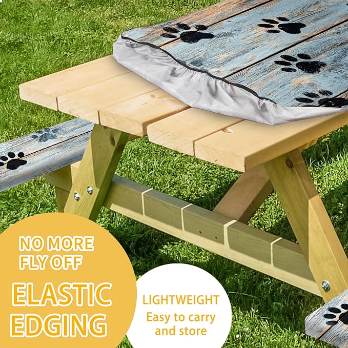 Picnic Table Cover with Bench Covers 72IN 6FT, Camping Essentials Tablecloth Waterproof Oilproof with elastic Edge for Indoor Outdoor Patio (Blue Wood Grain Paw)