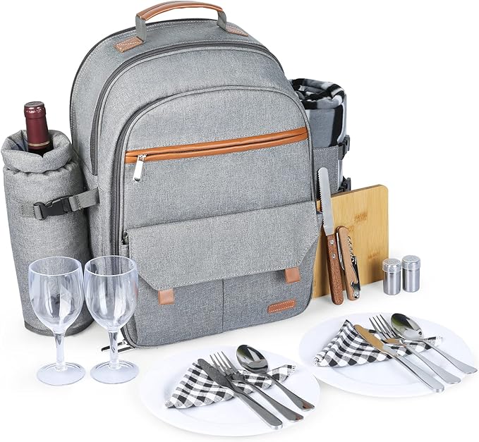 Sunflora Insulated Picnic Backpack for 2 Person Bag with Cooler Compartment, Wine Pouch, Blanket and Stainless Steel Cutlery Set for Couple, Lovers and Friends (Grey)