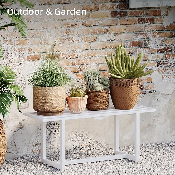 2 Pack Metal Plant Stand, Foldable Heavy Duty Indoor, Window Iron Plant Shelf - Mid Century Modern Slatted Bench for Patio, Garden, Living Room Load Bearing 330 lbs 26" L x 10.4" H x 8.6" W 1 Tier White