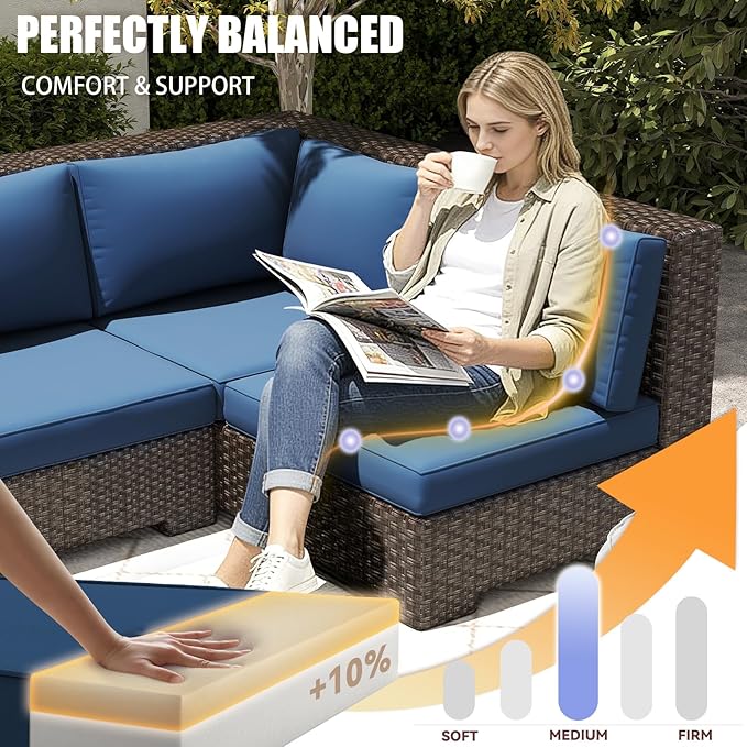 14 Pieces Replacement Patio Cushion for Outdoor Sectional Furniture, Waterproof Outdoor Cushion for 6-Seat Wicker Patio Sofa Sets, 3.2'' Thick with 25D Foam (Blue, 25.2x25.2 Inches)