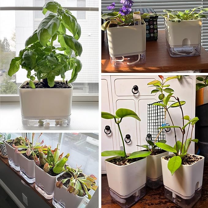 Planterhoma Self Watering Plant Pots for Indoor Plants 7 inch, 4 Packs Rectangle Self-Watering Planters with Drainage Hole, White African Violet Pots for Devil's Ivy, Spider Plant, Orchid, Herb