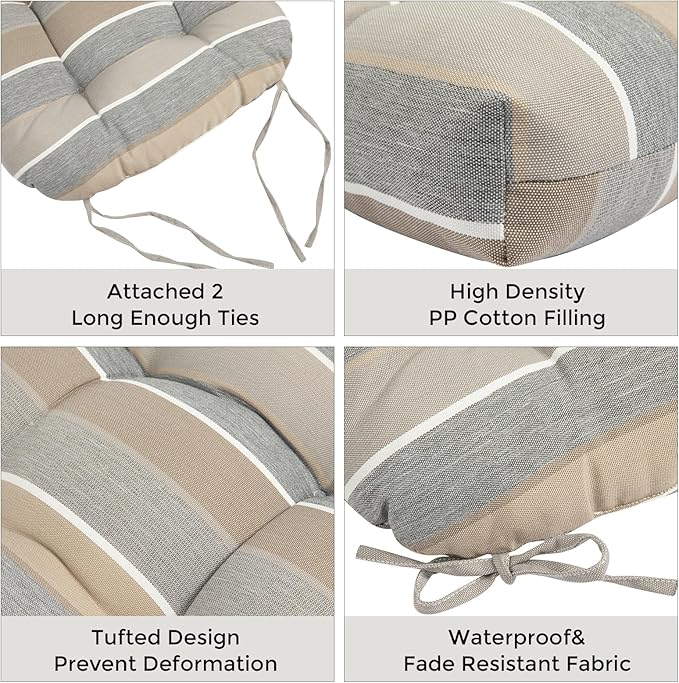 FUNHOME Outdoor Chair Cushions 19 x19 Inch,Water Resistant Tufted Seat Cushions 19",Reversible,Weather Resistant,Rounded Back Wicker Chair Cushion for Patio Garden Furniture(Gray Stripe)