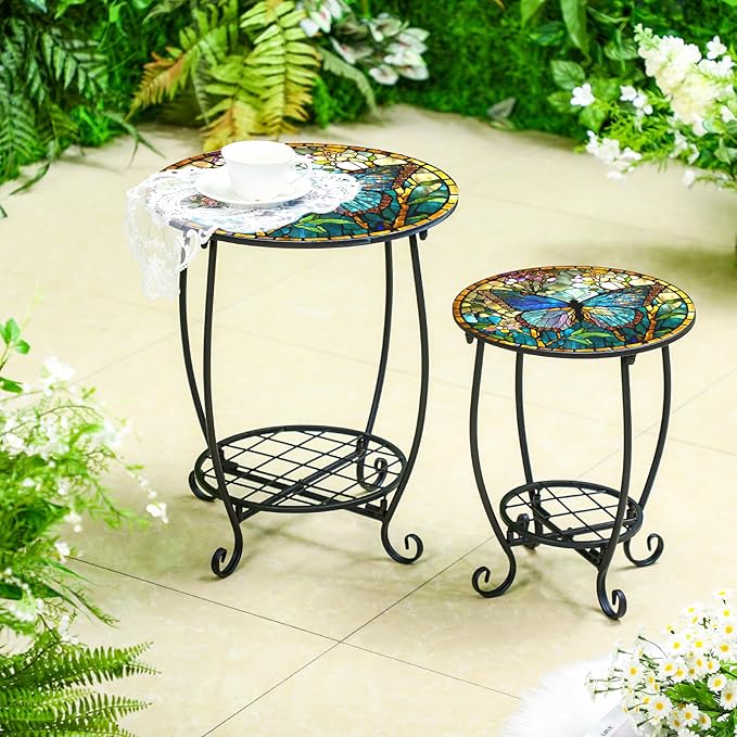 2 Pcs Outdoor Side Table Small Patio Round Mosaic Accent Indoor End Table Plant Metal Coffee Tea Tables for Patio Yard Porch Garden Living Room(12" and 16",Butterfly Style)