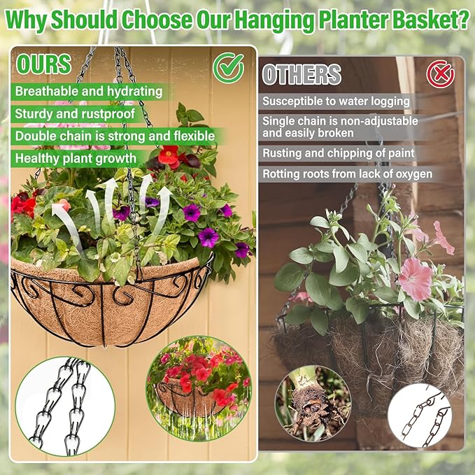 Legigo 6 Pack 10 Inch Metal Hanging Baskets for Plants Outdoor- Round Wire Hanging Planters Basket with Coconut Coir Liner, Hanging Flower Pot for Outdoor Plants Flowers Garden Decorations