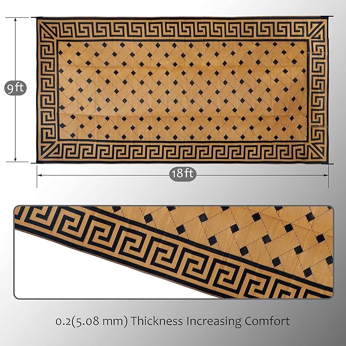SAND MINE Reversible Mats, Plastic Straw Rug, Modern Area Rug, Large Floor Mat and Rug for Outdoors, RV, Patio, Backyard, Deck, Picnic, Beach, Trailer, Camping (9' x 18', Brown & Black)