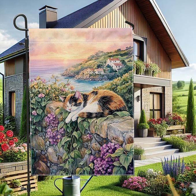 Spring Summer Cat Garden Flag, Calico Cat Relaxing Floral Home Decor Garden Banner, Double Sided Polyester Yard Flag Outdoor Lawn Decoration 12x18 Inch
