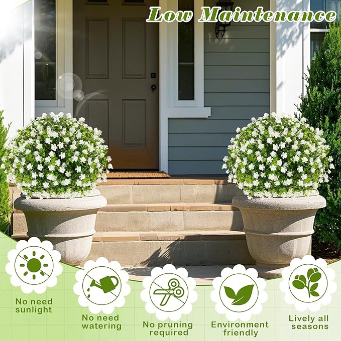 Yunlly 2 Pcs Outdoor Artificial Topiary Ball Trees 22" with Colorful Flowers, Boxwood Fake Bushes Shrubs with Spike, UV Resistant Evergreen Plants for Front Porch Garden Decor (White)