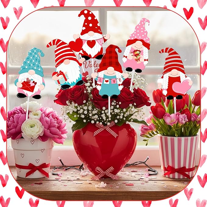 Pickmesh 6 Pcs 12 Inch Valentine's Day Metal Yard Sign Valentines Gnome Metal Yard Sign Barn Garden Stake for Planter Pot Walkway Pathway Outdoor Decor Lawn Decoration