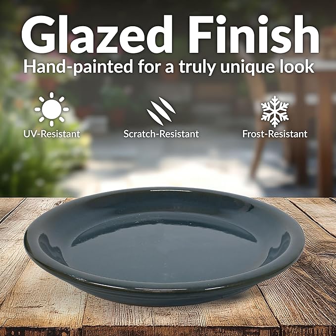 Sunnydaze 9-Inch Ceramic Plant Saucers - Plant Drip Trays for Outdoor Planter Flower Pot Drainage - Set of 2 - Forest Lake Green