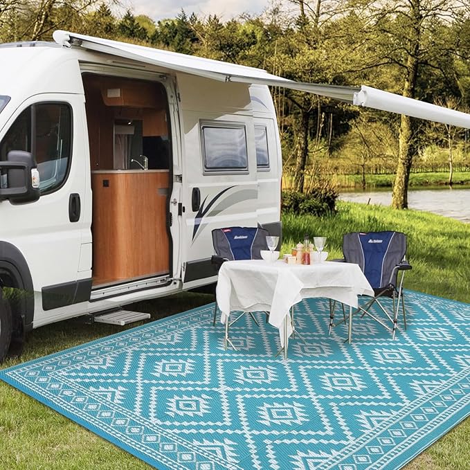 GAOMON Outdoor Waterproof Rug 9x12 Reversible Plastic Straw Rug Modern UV Resistant Carpet, Large Foldable Lightweight Floor Mat for Backyard, Camping, Bench, Picnic, Deck, Teal/White(Modern)