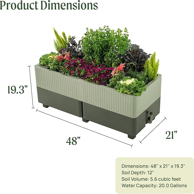Vego garden EZCube Self Watering Planter Box Outdoor, Raised Garden Bed with Water Gauge for Balcony, Rooftop, Patio, Backyard 21" x 48" Sage Green