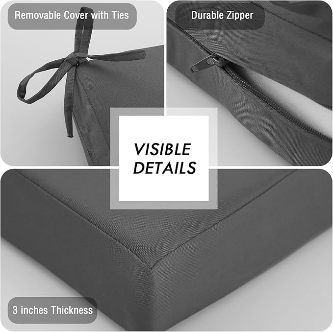 idee-home Outdoor Chair Cushions Set of 2, Waterproof Outdoor Seat Cushions for Patio Furniture, Outside Replacement Chair Pad with Ties for Lawn Deck Porch, 22 x 22