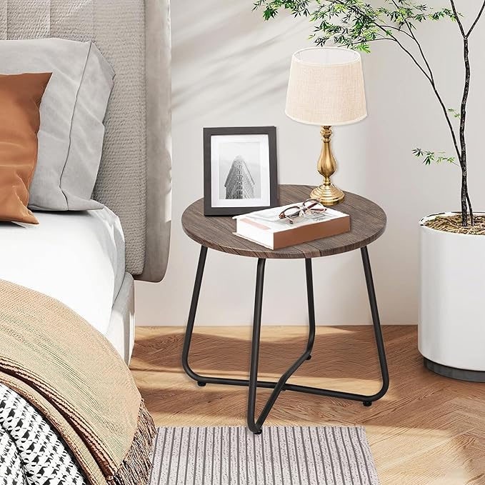 VECELO 17.7 inch Small Round Outdoor Side Table,Patio End Table,Waterproof Wood Table with Weather Resistant Steel Adjustable Feet for Living Room Bedroom Garden Yard Balcony Porch Poolside