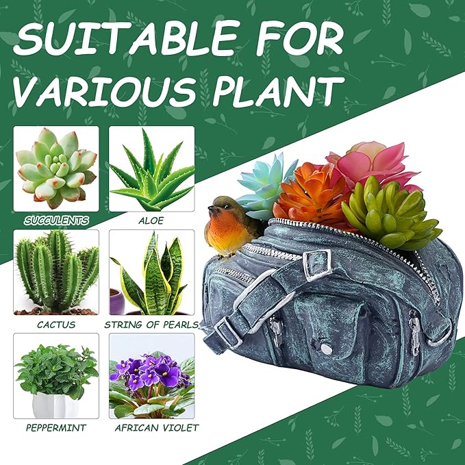 8.5"Denim Bag Bird Succulent Plant Pots,Resin Planter Flower Pots with Drainage Hole,Planting Pots for Cactus,Succulent Planters for Indoor Plants Home Garden Flower Pot Gifts for Plant Lovers